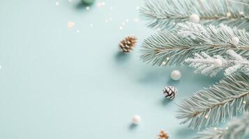 Christmas winter decoration with frosted pine cones and copy tree branches on light blue background with fir space photo