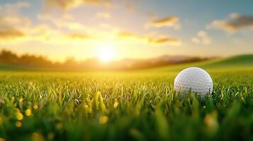 Golf ball resting on pristine fairway green, landscape sunset glow illuminating peaceful course soft photo