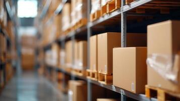 Cardboard systematically boxes stacked and on warehouse shelves, indicating efficient logistics shipping inventory management photo