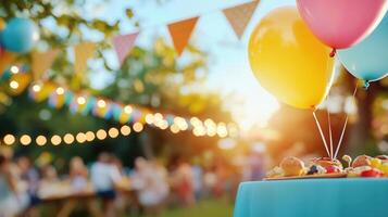 Festive summer gathering with colorful decorations, twinkling lights, refreshments, blurred glow background illuminated by golden sunset party photo