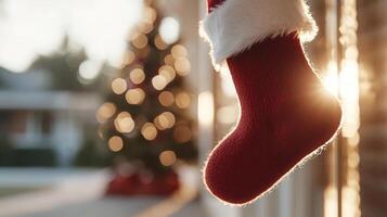 Festive knitted stocking hanging on white fireplace mantel, adorned with evergreen sprigs, metallic ornaments, twinkling lights, soft christmas tree bokeh glowing behind photo
