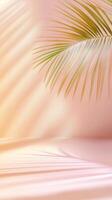 close-up of a dried palm leaf against a light background. The leaf has a golden hue a casts and soft shadow on the surface photo