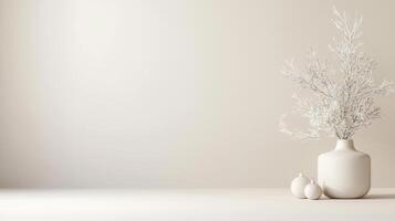 Elegant minimalist christmas decor featuring a small ornaments in a white vase with gold and silver tree on a light wooden floor photo