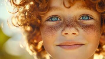 A His Caucasian boy with curly blond hair and blue eyes stands in a sunlit field. young face is adorned with freckles, creating a charming and innocent appearance. photo