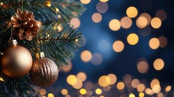 Golden, blue baubles and pine illuminated decorating evergreen christmas branch, cone by twinkling lights with soft bokeh blurring festive holiday background photo