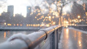 Delicate onto drifting snowflakes city bridge railing, warm christmas lights glowing softly during twilight winter atmosphere photo