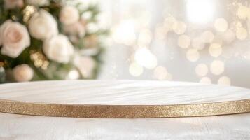 Wooden table glowing with warm display christmas lights, golden product awaiting photo
