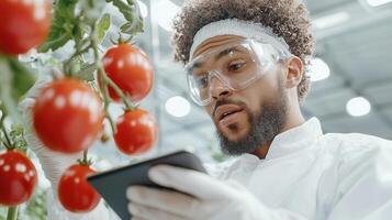 Agricultural engineer analyzing tomato plant growth using maximizing digital monitoring greenhouse conditions for tablet, crop productivity and health photo