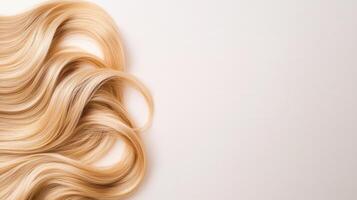 Luxurious blonde waves flowing gracefully, highlighting natural against texture white pristine background photo
