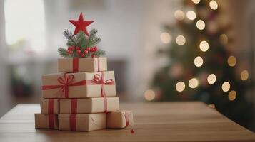 Christmas gift boxes red forming festive tree silhouette, adorned with berries, ribbons, stacked pine greenery, red star topper against soft focus holiday background photo