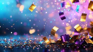 Sparkling purple, gold, blue 3d confetti cascading celebration dark blurred background, vibrant festive over for mood copy space photo
