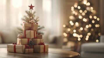 Christmas gift boxes stacked forming festive soft silhouette, adorned with red ribbons, berries, pine greenery, red star topper against tree focus holiday background photo