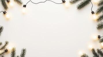 Glowing christmas lights weaving through evergreen branches casting festive white against snow radiance background photo