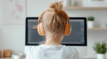 Young girl with headphones online at a computer, focusing on her in coursework studying a modern home environment photo
