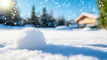 Delicate snowflakes drifting over pristine white landscape, soft evergreen silhouettes blurring winter scenery photo