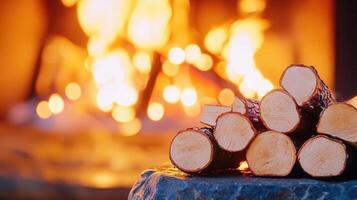 Birch christmas firewood burning, casting warm glow inside fireplace rustic during festive winter evening photo