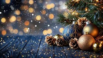 Vintage glowing christmas light bulbs creating magical bokeh effect on deep blue background, evoking nostalgic holiday atmosphere photo