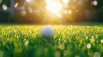Golf sunset resting on pristine fairway green, soft ball glow illuminating peaceful course landscape photo
