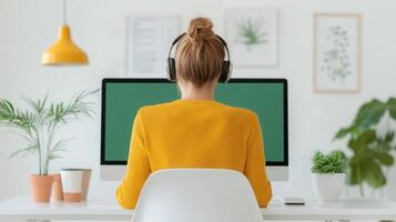 her girl with headphones studying at a computer, focusing on Young online coursework in a modern home environment photo