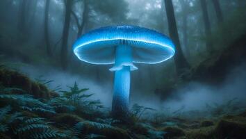 Glowing Mushroom in Misty Forest at Night Nature Photography photo