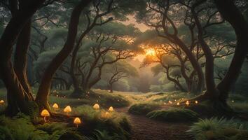 Glowing Mushrooms Line Path Through Mystical Forest at Sunset photo