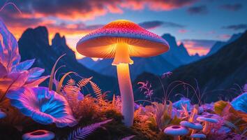 Glowing Mushroom in Fantasy Landscape Under Colorful Sky at Twilight photo