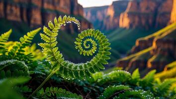 Fern Frond Unfurling with Water Droplets Against Canyon Backdrop photo