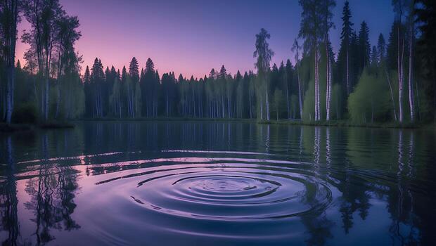 Water Ripples in Tranquil Lake Surrounded by Forest at Dusk photo