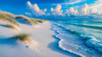 Coastal Dune Landscape with Gentle Waves and a Cloudy Sky photo