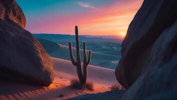 Cactus in Desert at Sunset with Rocks and Colorful Sky photo