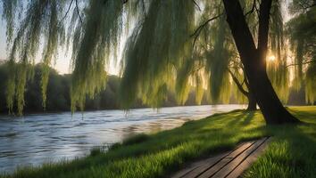 Willow Tree Riverbank Scene with Evening Sunlight and Green Grass photo