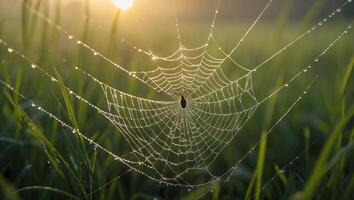 Spiderweb with Water Droplets Shining in Morning Sunlight on Green Grass photo