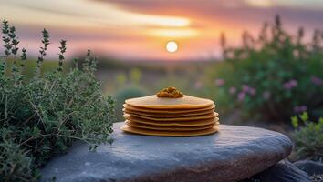 Stack of Pancakes with Topping on Stone at Sunrise photo
