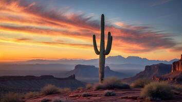 Desert Cactus Silhouette at Sunset with Vibrant Sky and Mountain Views photo