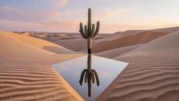 Cactus Reflection in Desert Mirror at Sunset Natural Landscape Scene photo