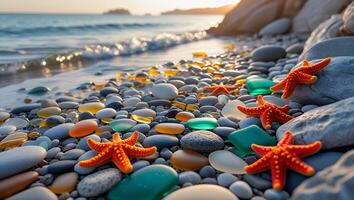 Starfish and Sea Glass Scattered on Pebble Beach by Ocean photo