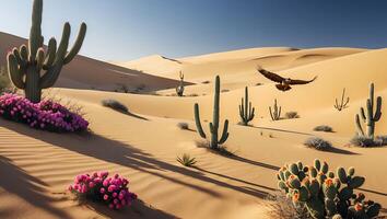Desert Landscape with Cactus and Eagle Flying Under Clear Sky photo