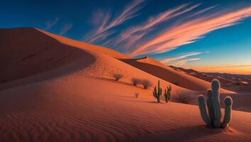 Desert Sand Dunes with Cacti Plants and Dramatic Colorful Sky photo