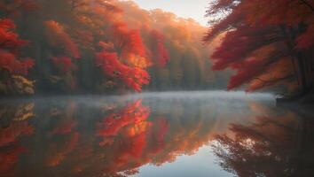 Reflecting Autumn Forest on Misty Lake Surface in Soft Light photo