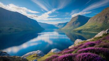 Scenic Lake Landscape with Purple Flowers and Mountain View photo