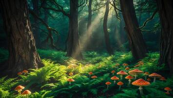 Mushrooms Growing Amidst Ferns in a Mystical Forest with Sunbeams photo