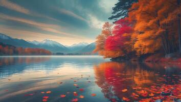 Autumn Lake Reflection with Colorful Leaves and Mountains at Dusk photo