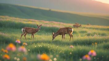 Deer Grazing in Field at Sunset Golden Hour with Flowers photo