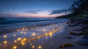 Glowing Lights Reflecting on the Ocean Wave at Starry Night photo