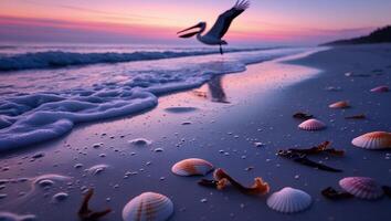 Pelican Flying Over Beach at Sunset with Seashells and Gentle Waves photo