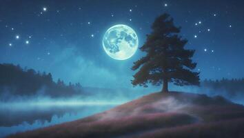 Dreamy Night Landscape Tree Silhouette Under Full Moon with Misty Lake photo