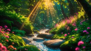 Stream Flowing Through Forest with Flowers and Sun Rays photo