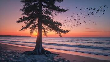 Lone Tree Standing Silently on Beach with Migrating Birds at Sunset photo