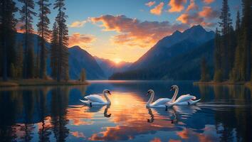 Swans Swimming on Lake Reflecting Sunset Sky and Mountain Landscape photo
