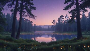 Still Lake Reflecting Forest Trees Under a Pastel Night Sky photo